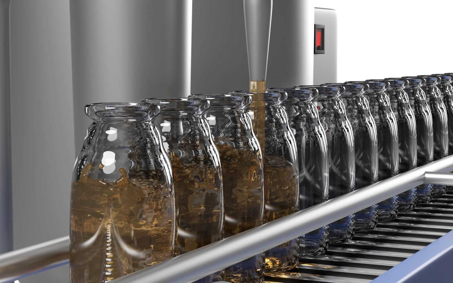 liquid gel packed into glass bottles using machinery isolated. 3d illustration render png