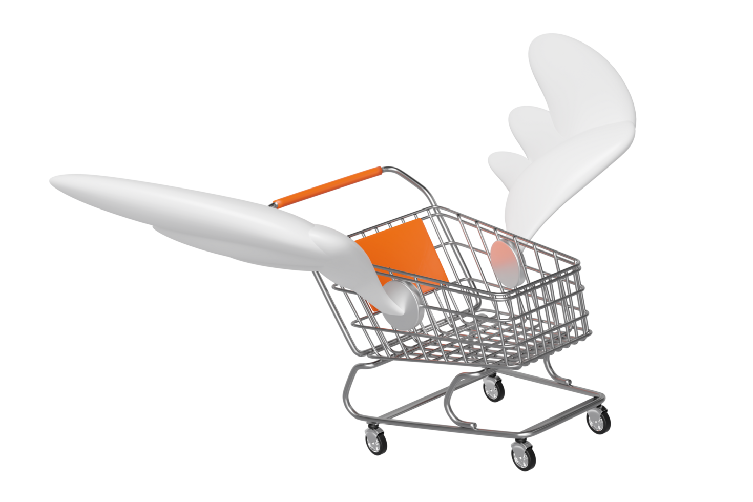Empty stainless steel shopping carts or basket with wing isolated. Online shopping, express delivery concept, 3d illustration render png