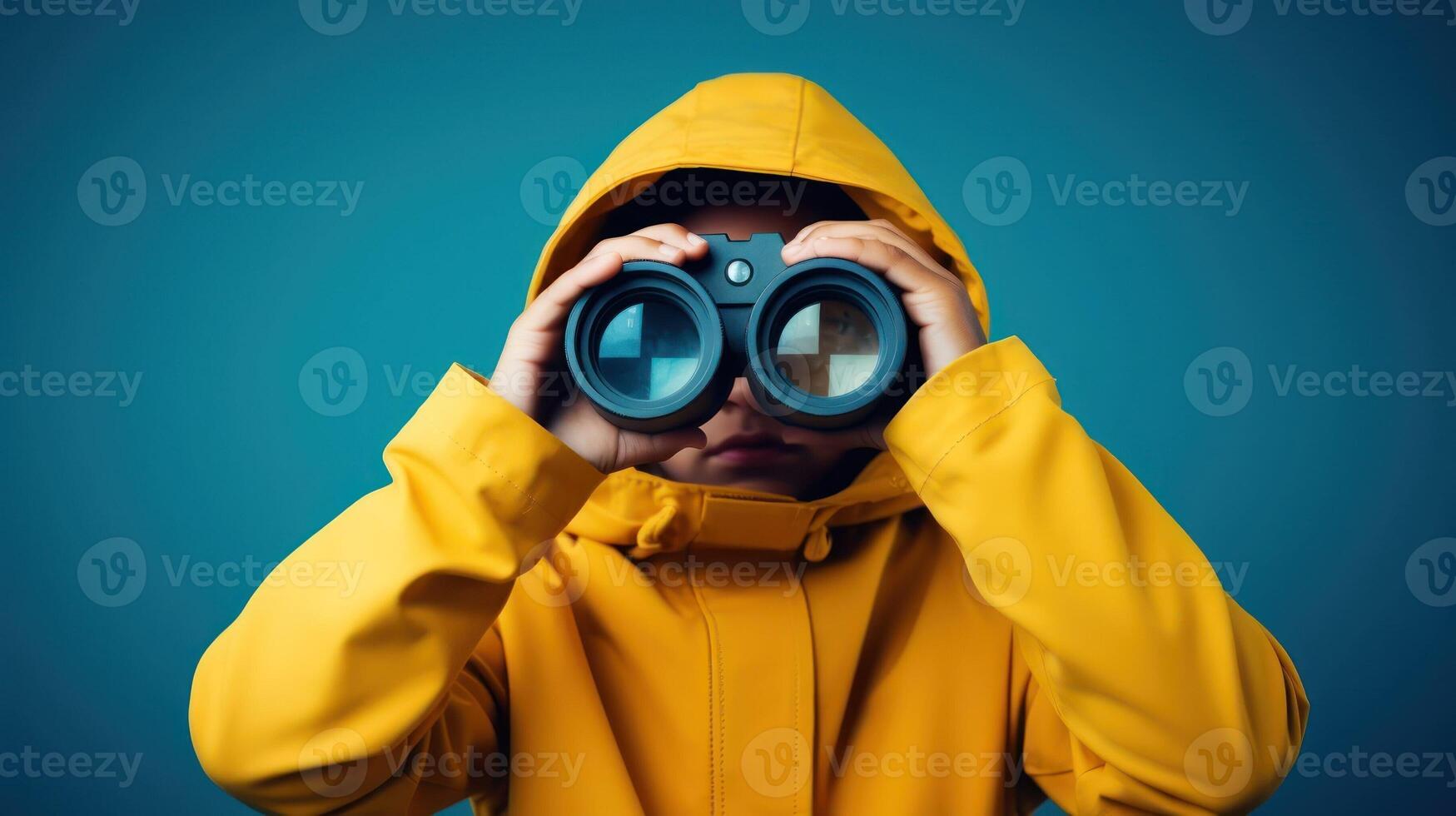 AI generated Child with binoculars on clear blue background. Observer and self-development. photo