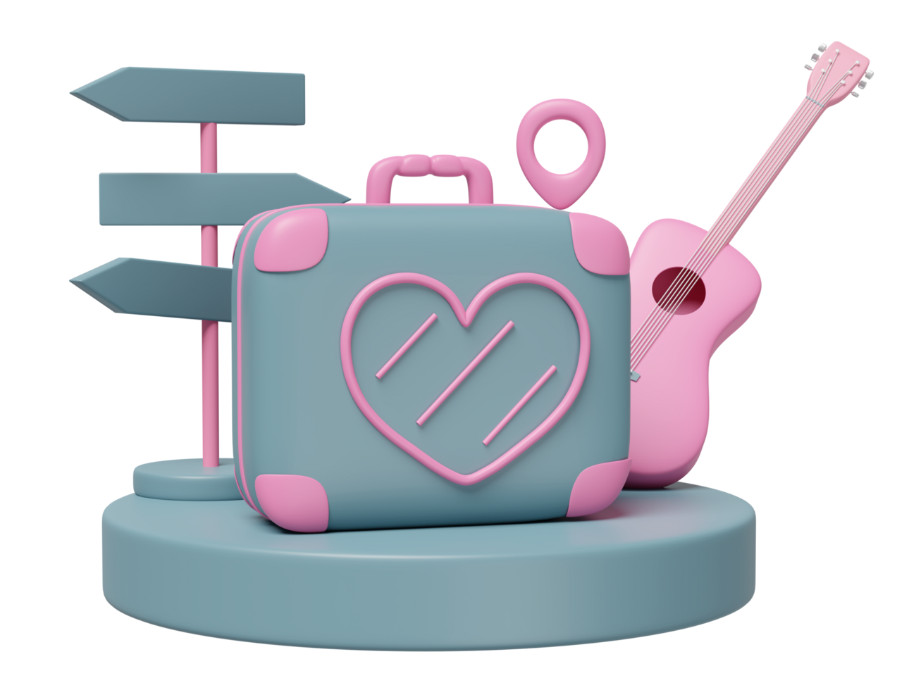 3d close suitcase with heart shaped pattern, podium, road signs, pin, guitar isolated. summer travel concept, 3d render illustration png