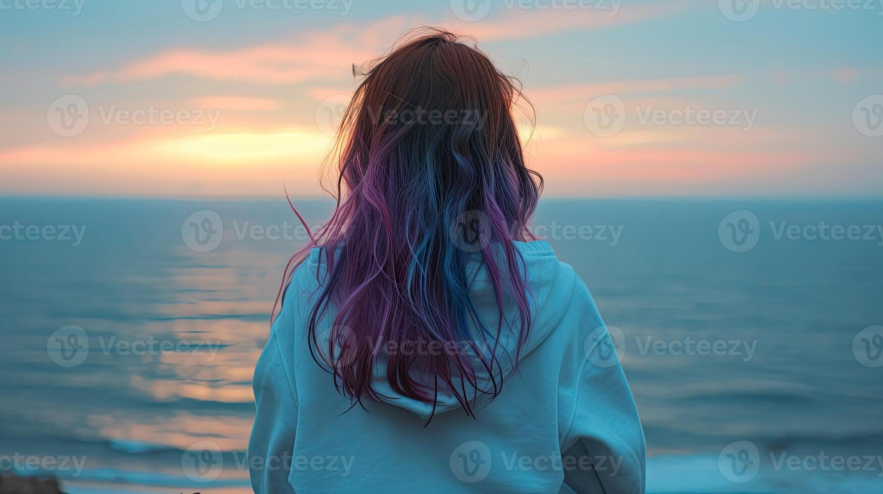 AI generated Back of sitting pretty girl. Woman in hoodie sitting on ocean shore. Beautiful seascape. Concept of thoughtfulness, calmness and peace. AI Generated photo