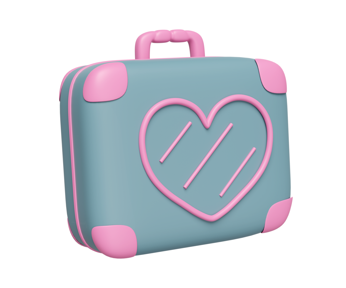 3d close suitcase with heart shaped pattern isolated. summer travel concept, 3d render illustration png