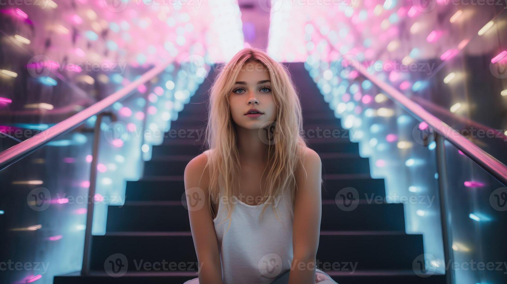 AI generated Woman sit at stairs with light garland. Pretty girl model. Attractive blonde person. AI generated photo