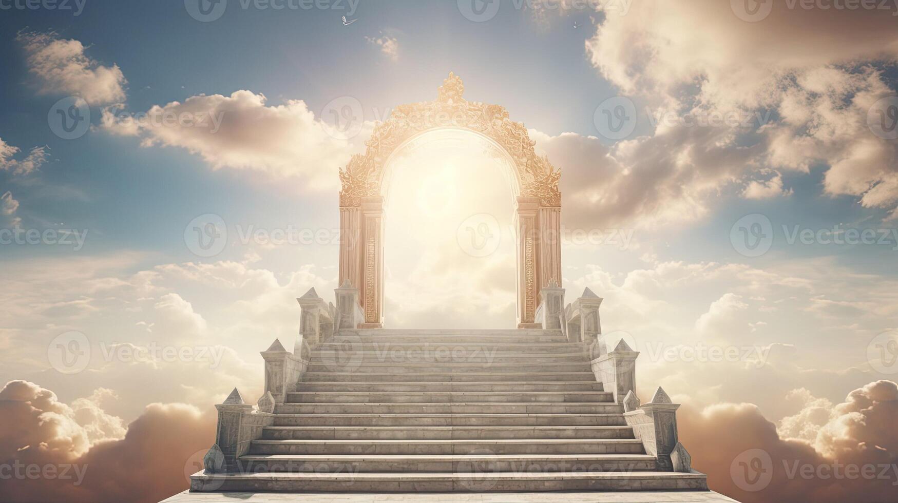 AI generated Heaven door. Paradise holy gate, spiritual religion architecture. Bright light at sky. Next life and sunshine. Concept of afterlife and faith. AI Generated photo