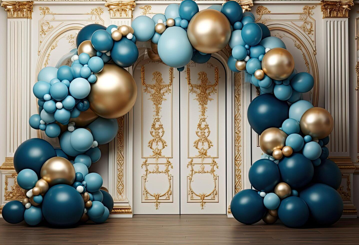 AI generated Festive arch made of gold, green and blue balls. AI generated. Luxury photo area.