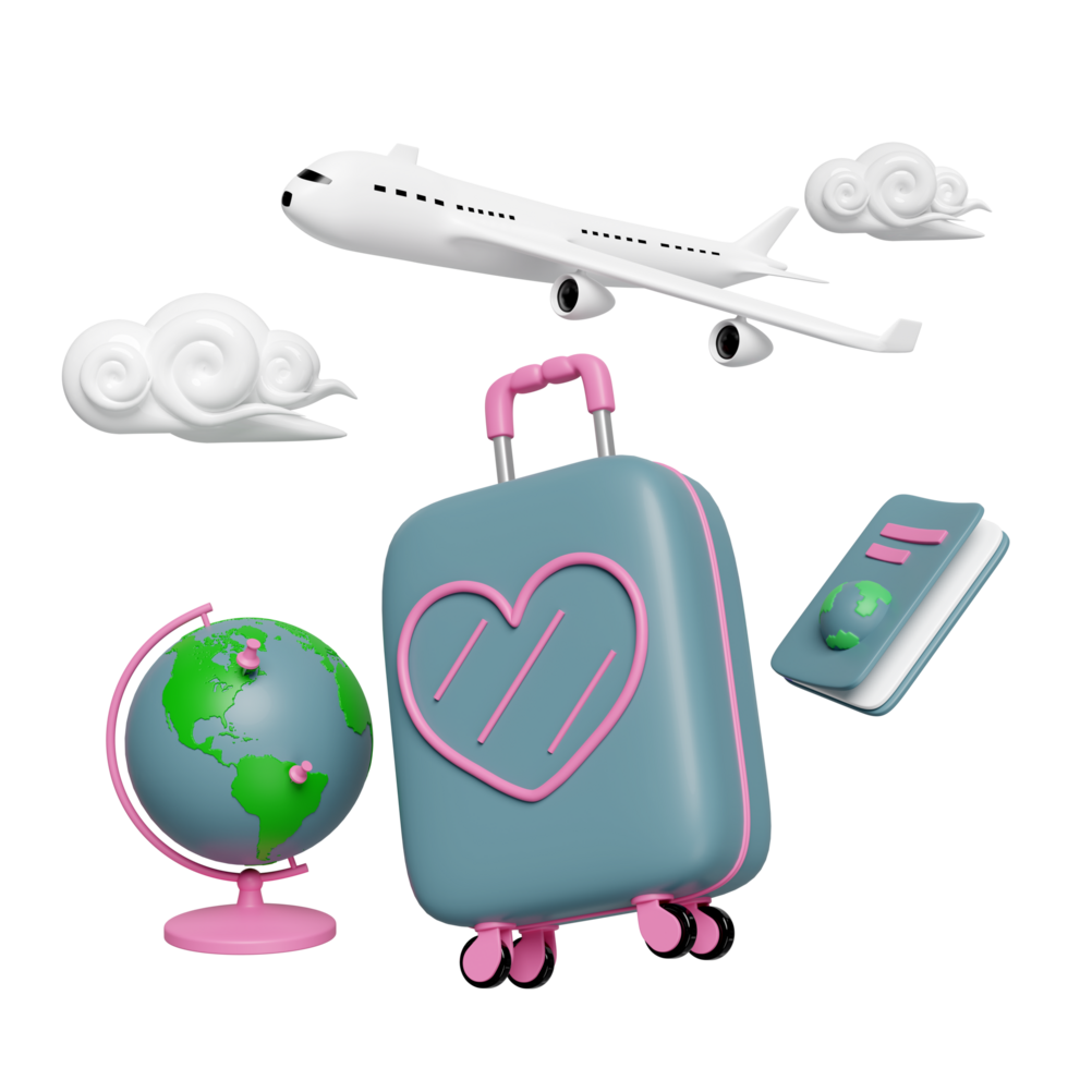 3d suitcase with passport or international travel for tourism, airplane, globe, cloud isolated. 3d render illustration png