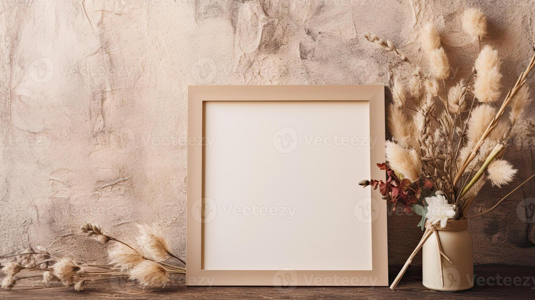 AI generated Empty photo frame on boho background with flowers. A mockup in a rustic style. Natural Business template with dry plants. AI generated