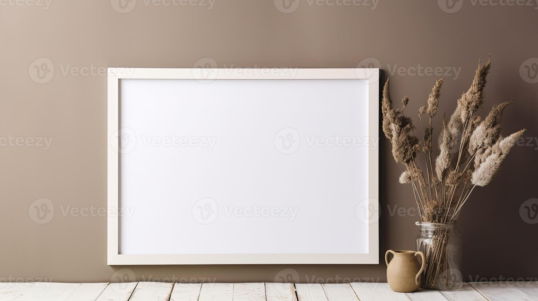 AI generated Empty photo frame on boho background with flowers. AI generated. A mockup in a rustic style. Natural Business template with dry plants, neutral color