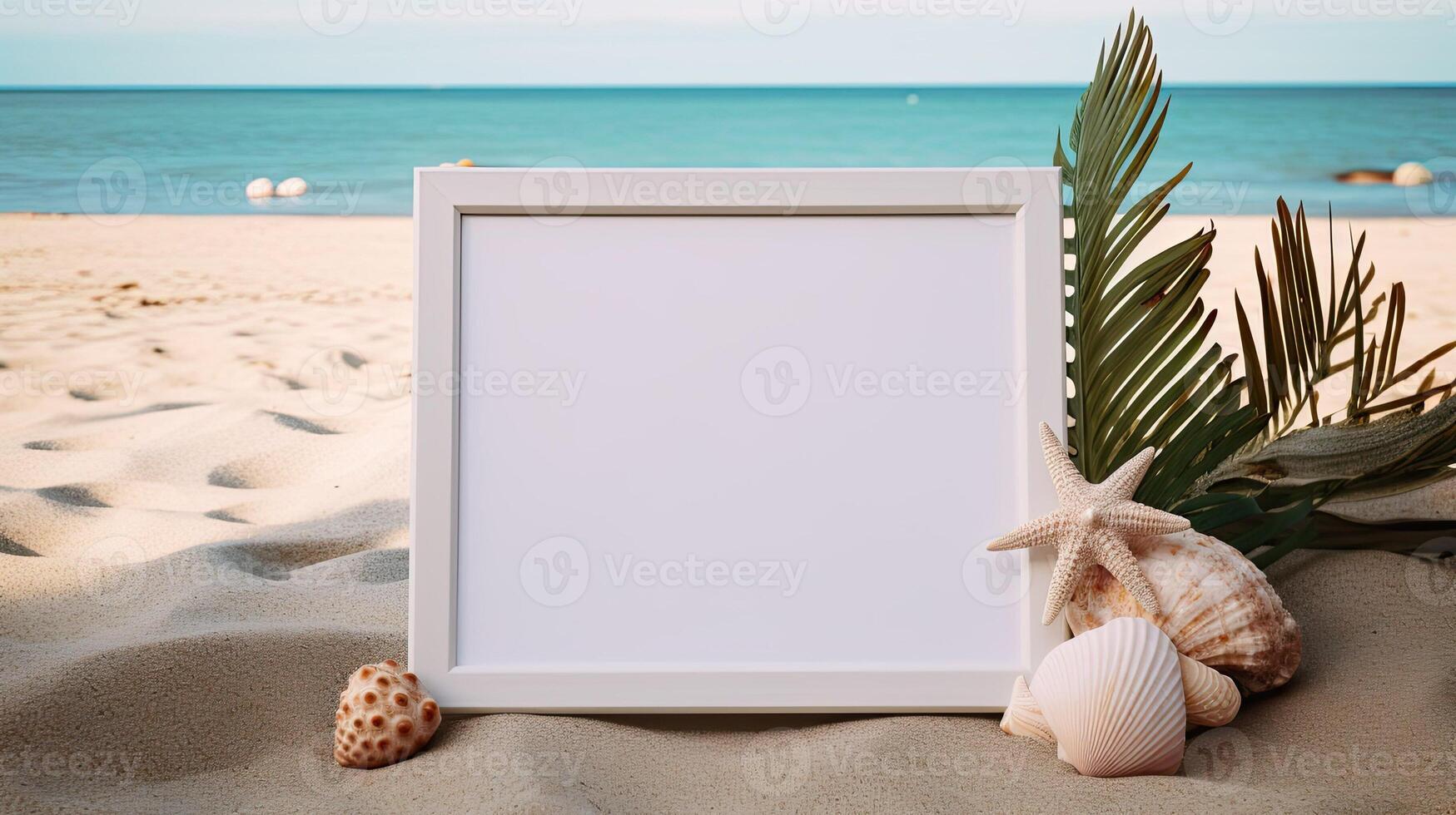 AI generated Empty photo frame on a beach background with sand. A mockup of the coastline. Natural Business template for vacations and beach holidays. AI generated