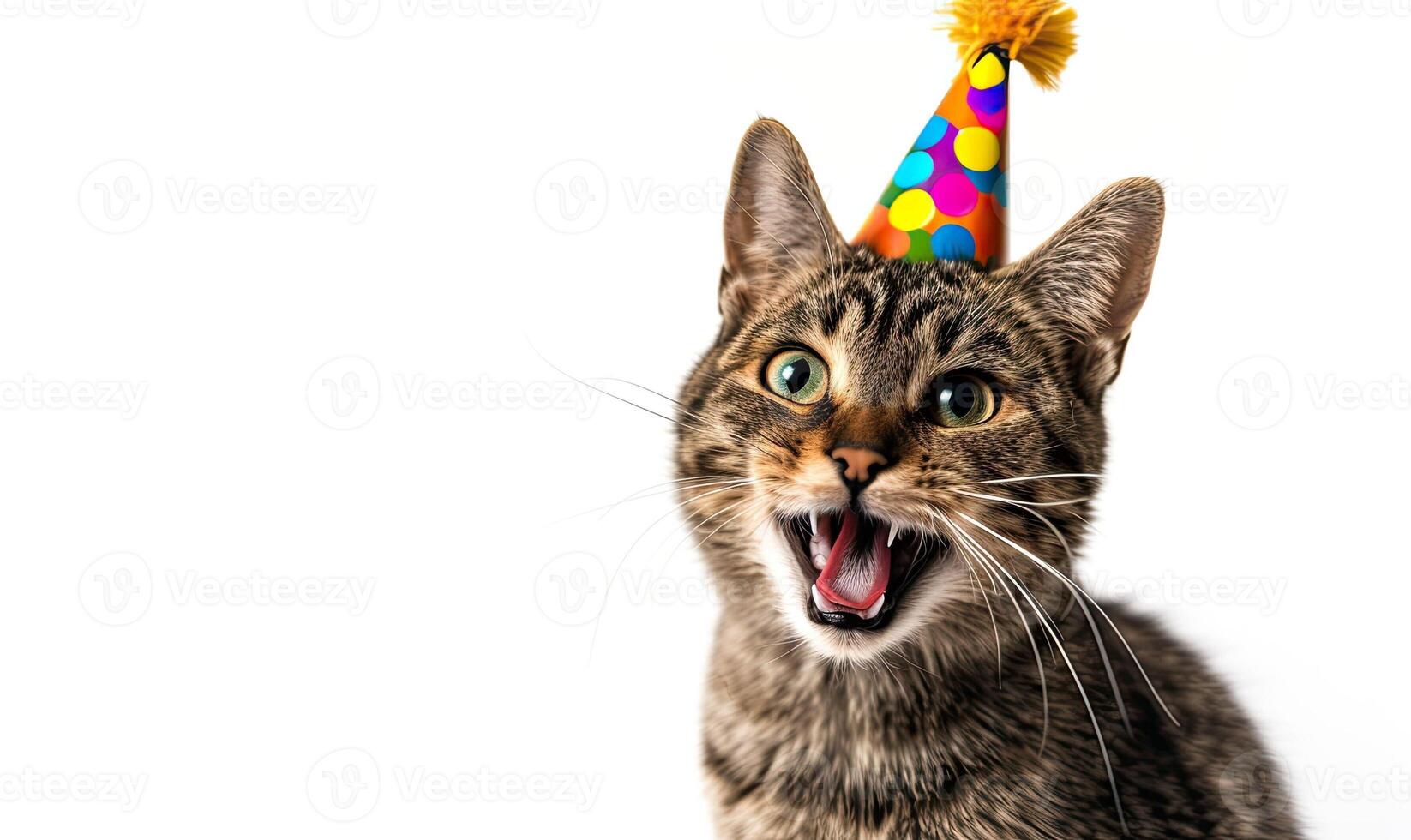 AI generated Happy cat in fun party hat. Domestic kitten with copy space backdrop. Beautiful animal photo