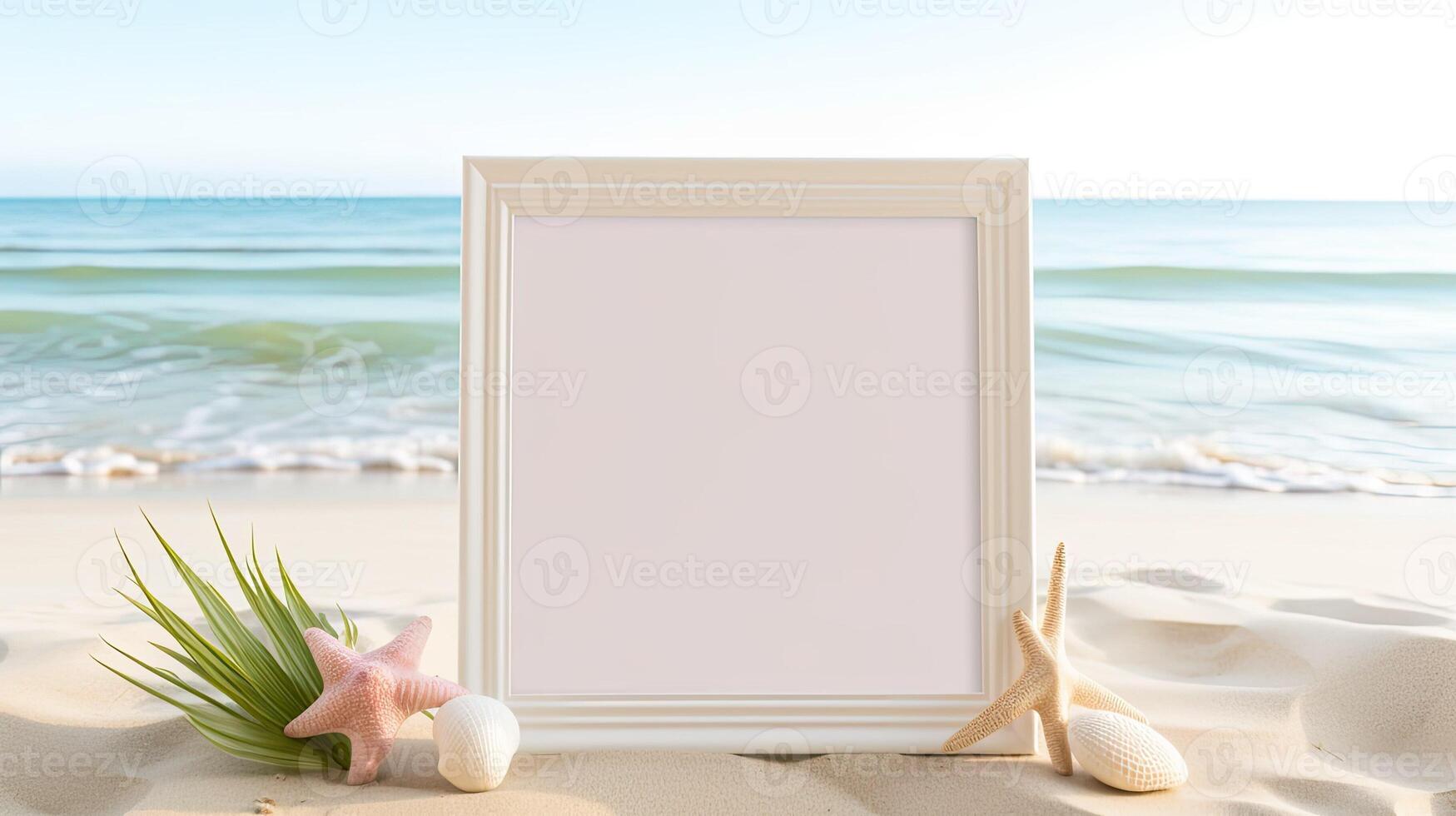AI generated Empty photo frame on a beach background with sand. AI generated. Natural Business template for vacations and sunny beach holidays. A mockup of the coastline landscape