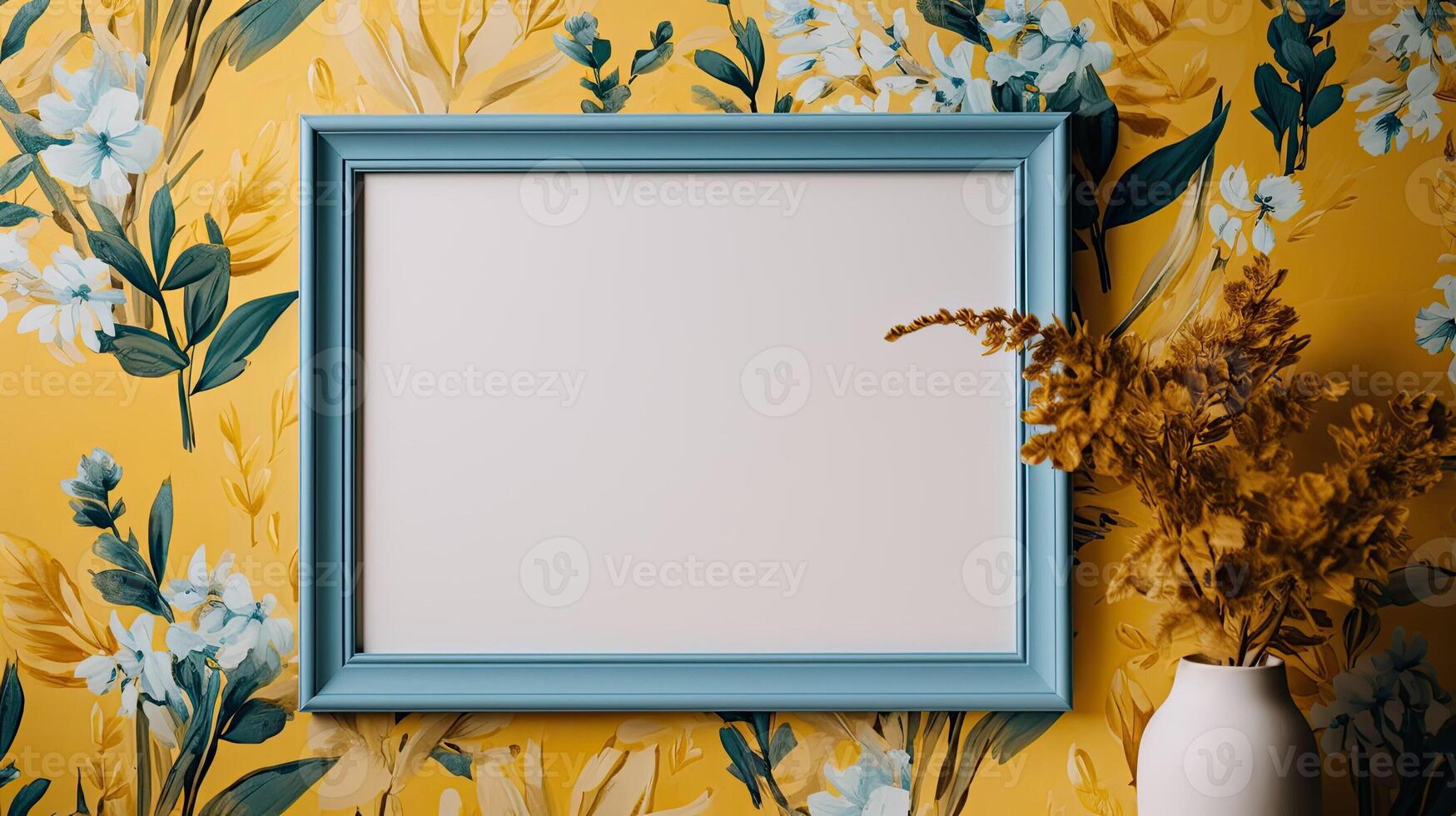 AI generated Empty photo frame on beautiful background with flowers. A mockup in a bright style. Natural Business Template. AI generated