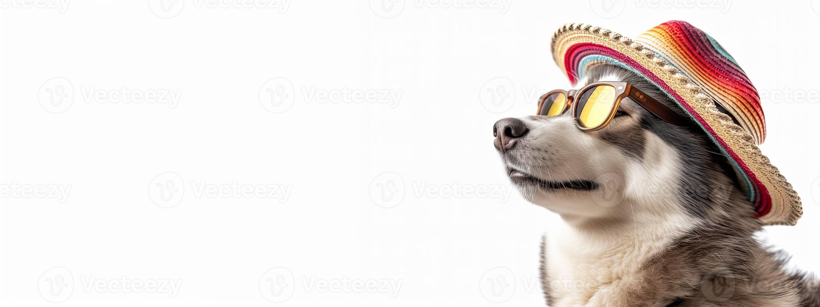 AI generated Dog in fun festive hat. Malamute Pet in party costume. Birthday portrait of siberian animal on clean white background. AI Generated photo