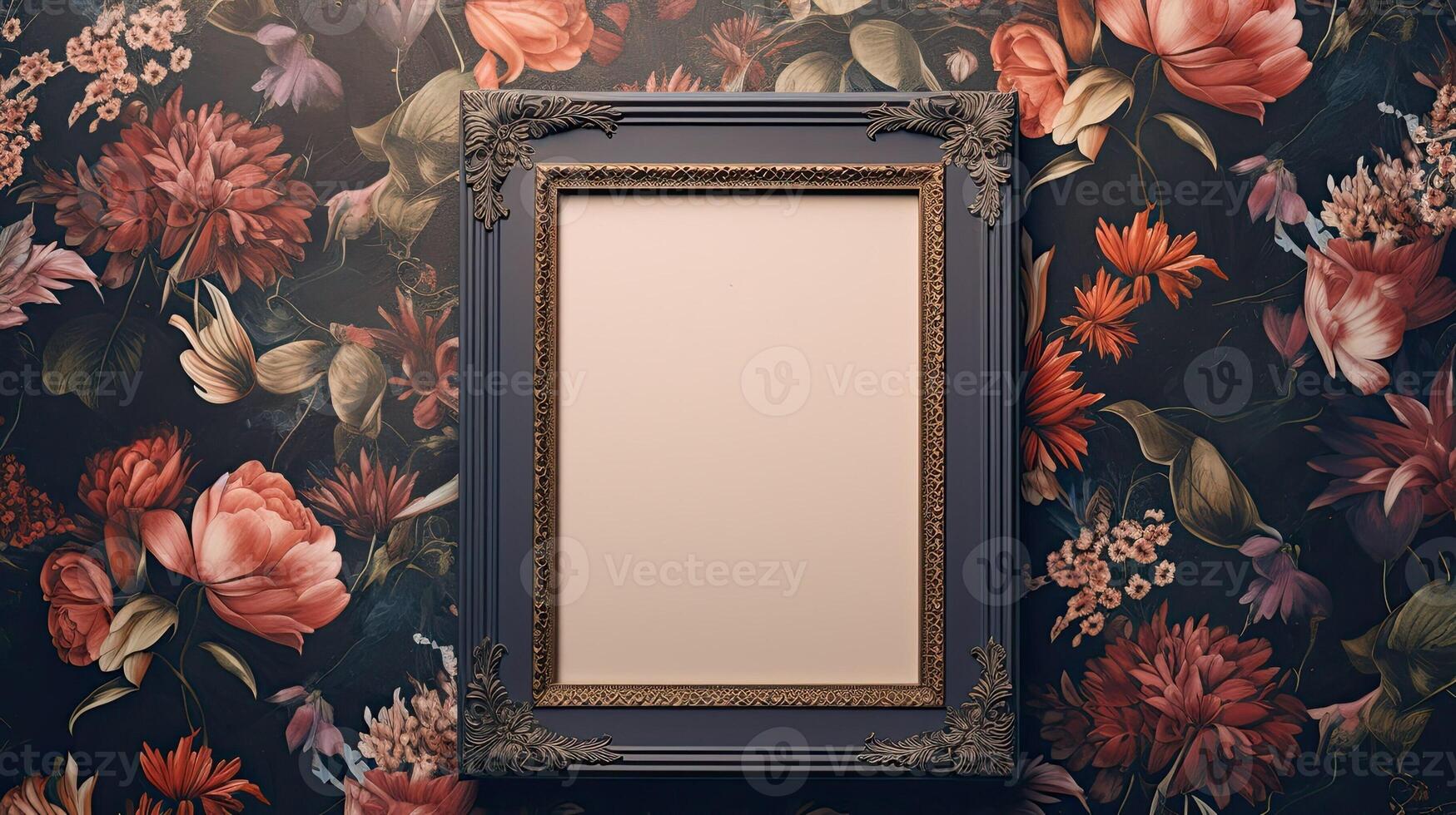 AI generated Empty photo frame on a dark background with flowers. AI generated. Mockup in a classic style. Natural Business Template, blossom composition