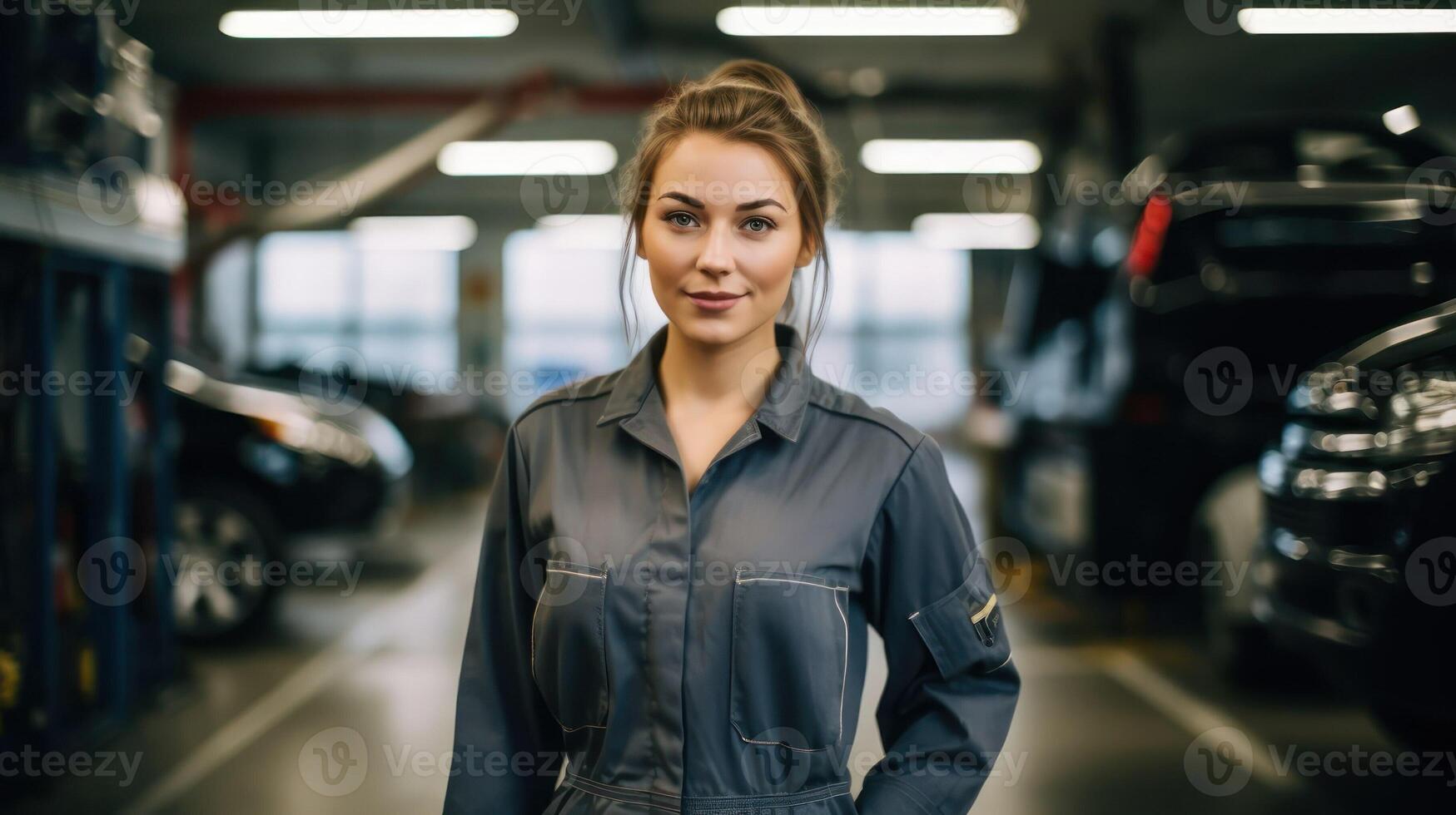 AI generated Female mechanic. Profession of working with cars. Car repair, a woman in a car service station. AI generated photo