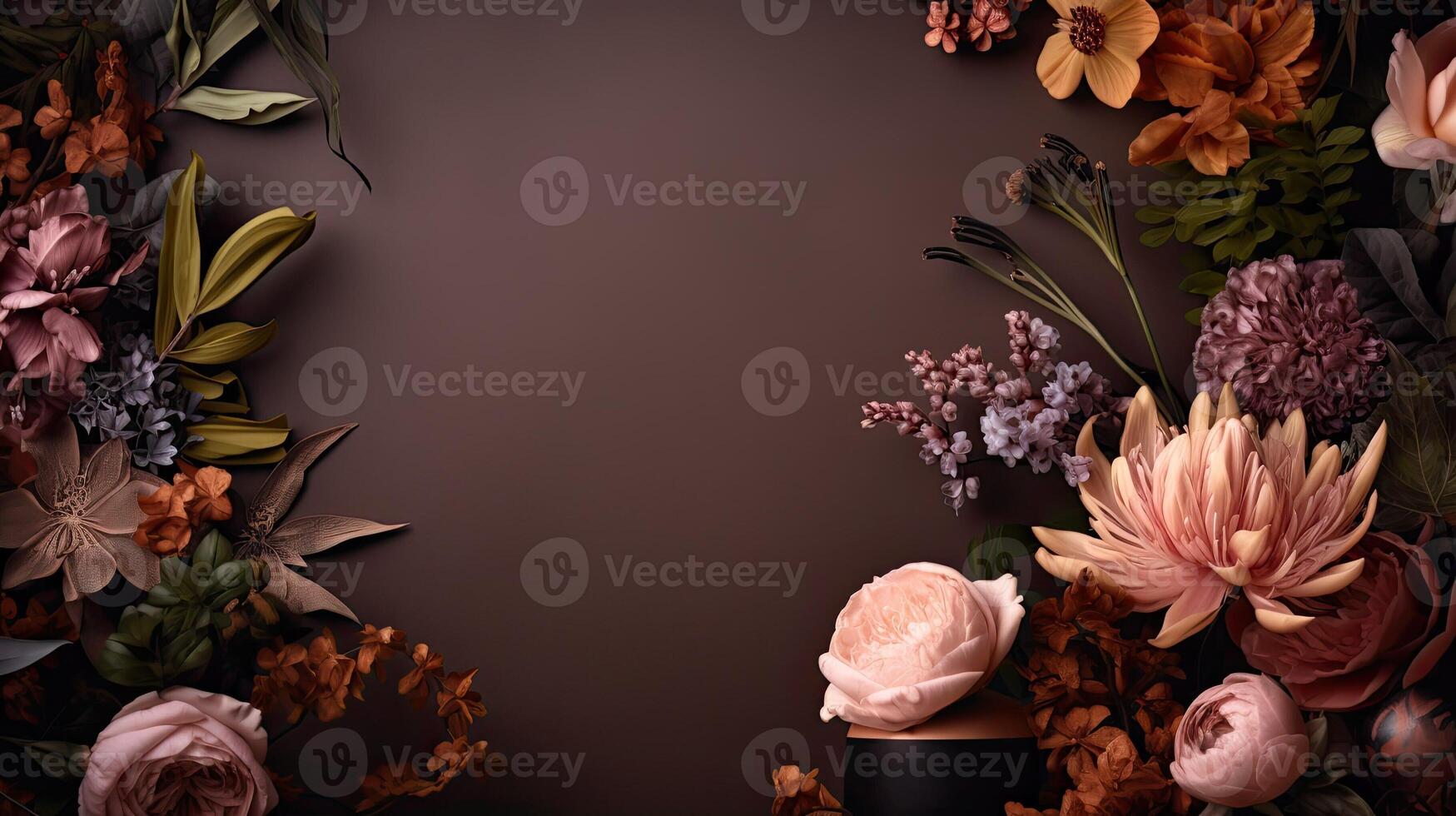 AI generated Empty photo frame on a dark background with flowers. Mockup in a classic style. Natural Business Template. AI generated
