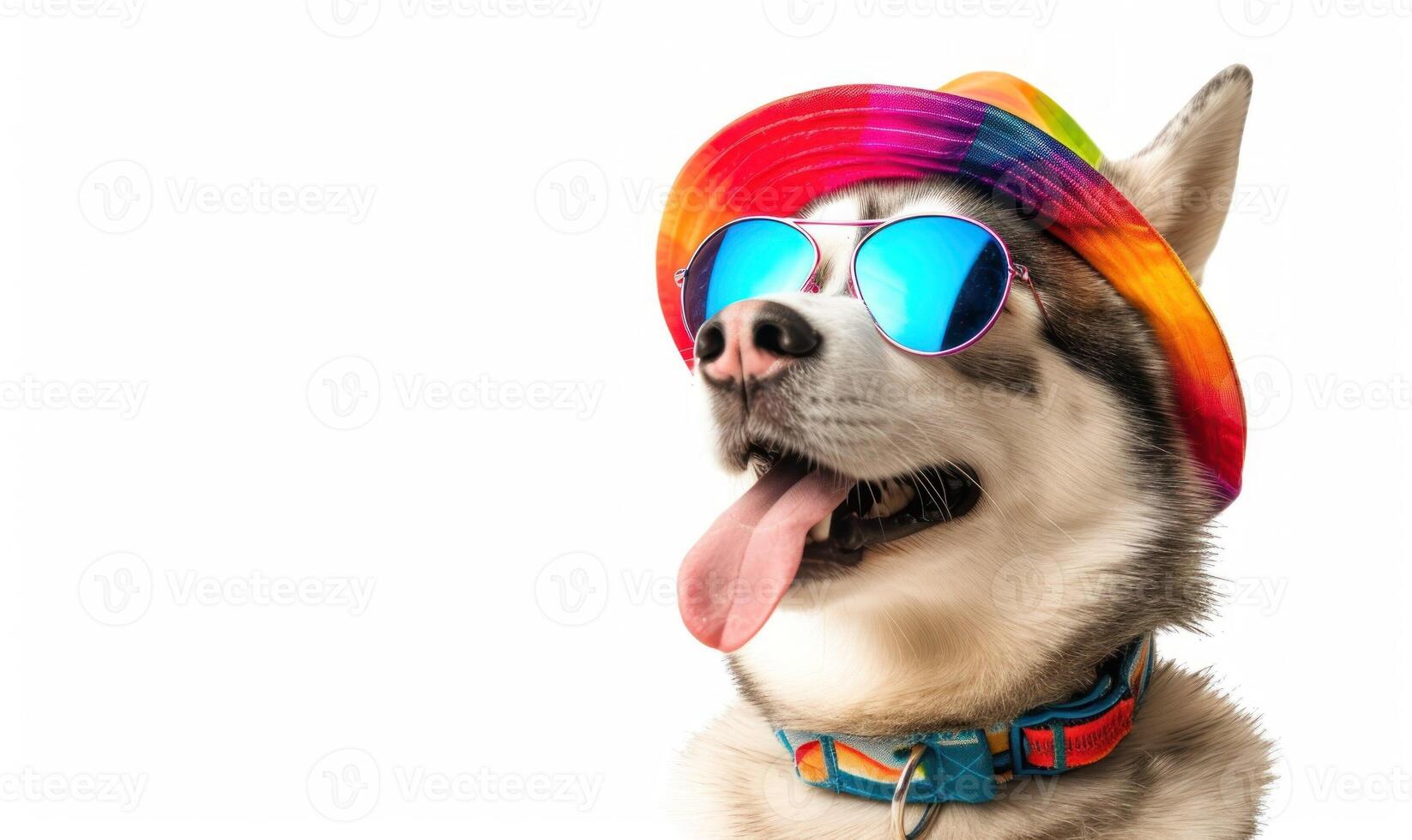 ai generado perro en divertido festivo sombrero. malamute mascota en fiesta traje. cumpleaños retrato de siberiano animal en limpiar blanco antecedentes. ai generado foto