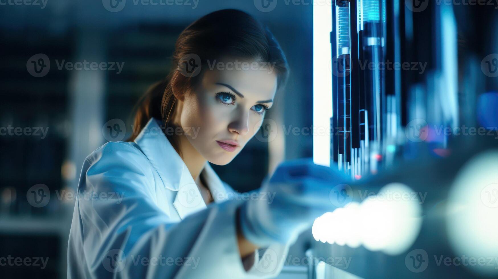 AI generated Scientific laboratory. Pretty Girl doctor with test tubes. DNA testing and medical work. Woman in white coat in the hospital. AI generated photo