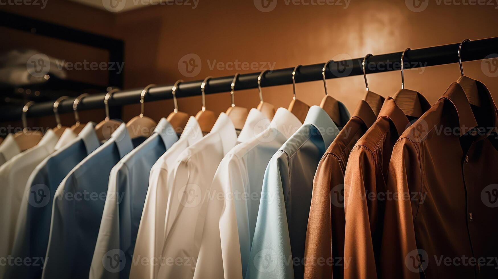 AI generated Shirts on hanger. Set of clothes in the store wardrobe or fitting room. AI generated photo