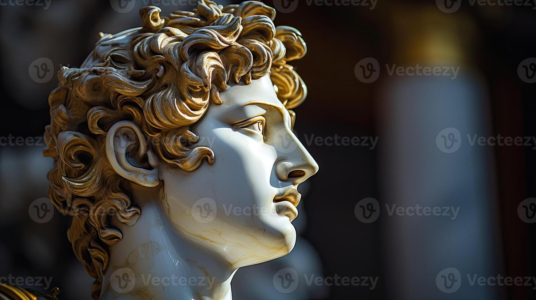 AI generated Antique statue in close-up. An old Greek or Roman monument with gold paint on its face. photo