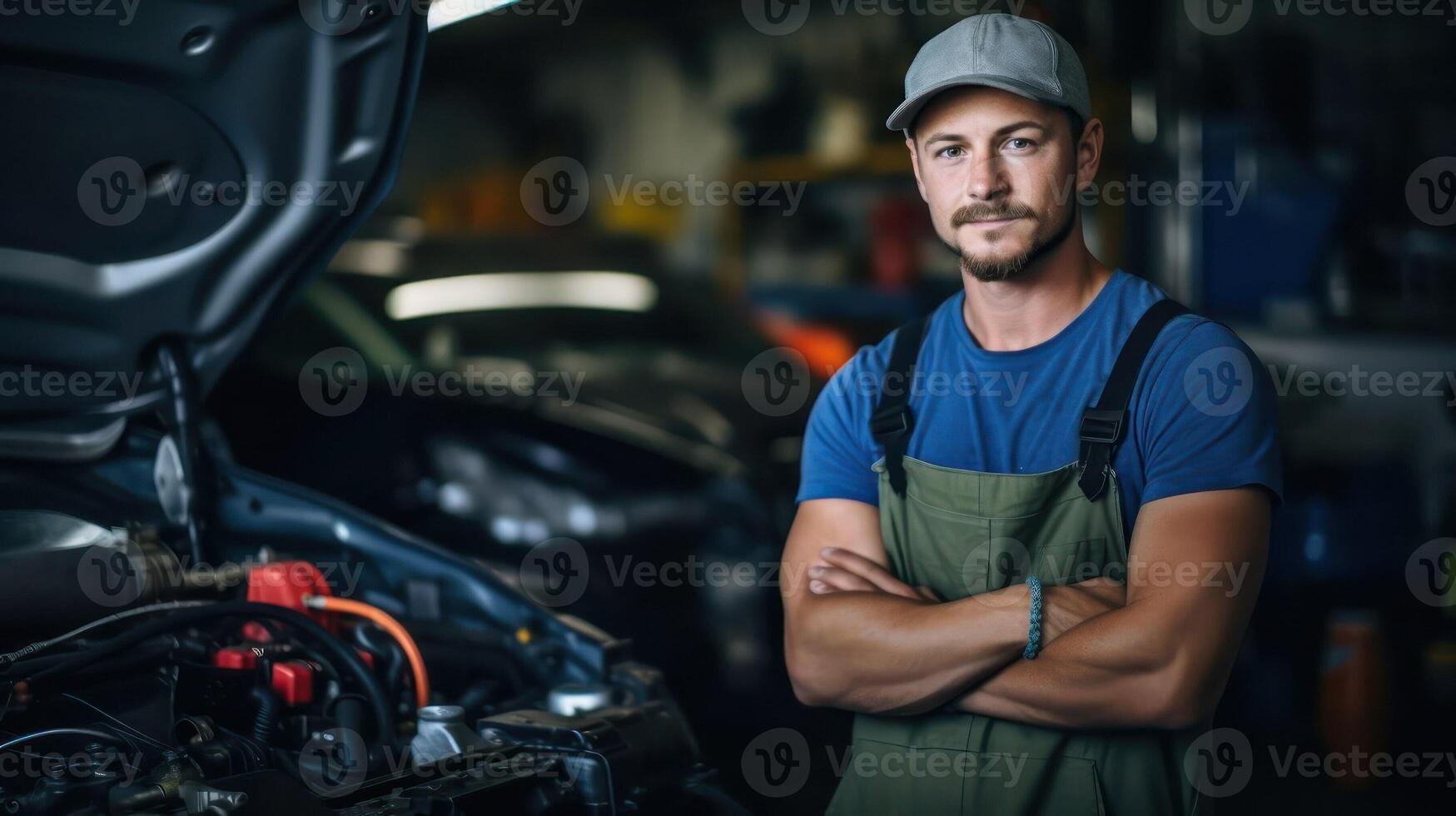 AI generated Mechanic at a car service station. Professional auto repair. Repairman in uniform at work. AI Generated photo