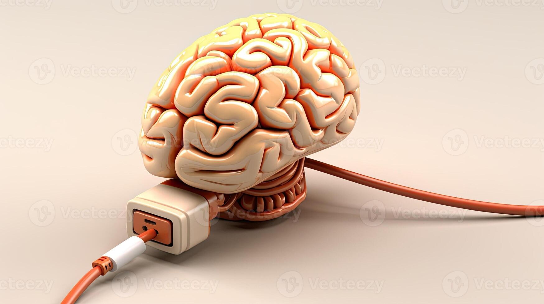 AI generated Brain wired to computer. Cyber future and artificial intelligence. Wires and cables in human mind. Futuristic concept photo