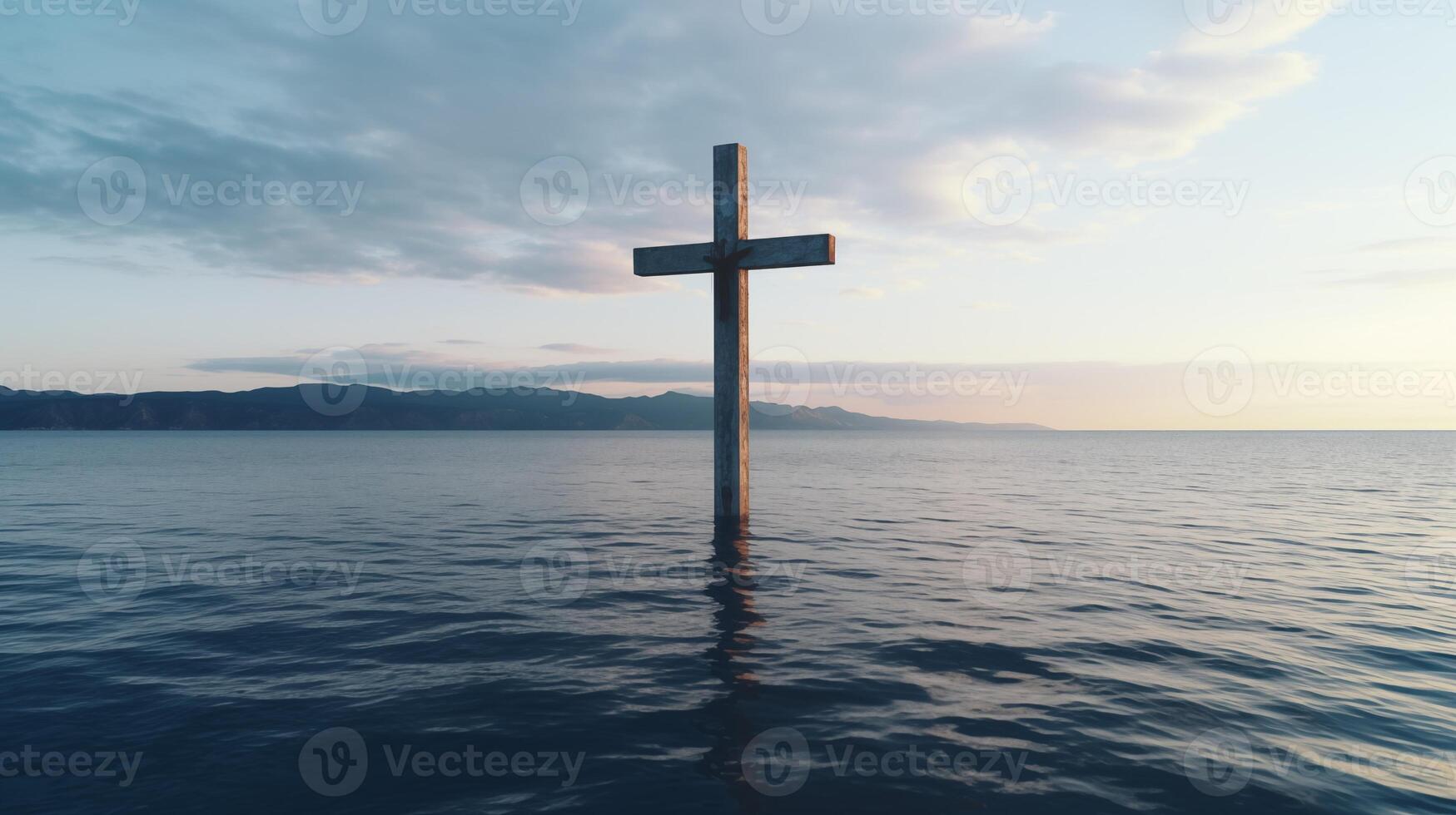 ai generado cruzar en agua, cristiano símbolo en mar. concepto de el buscar para fe. ai generado foto