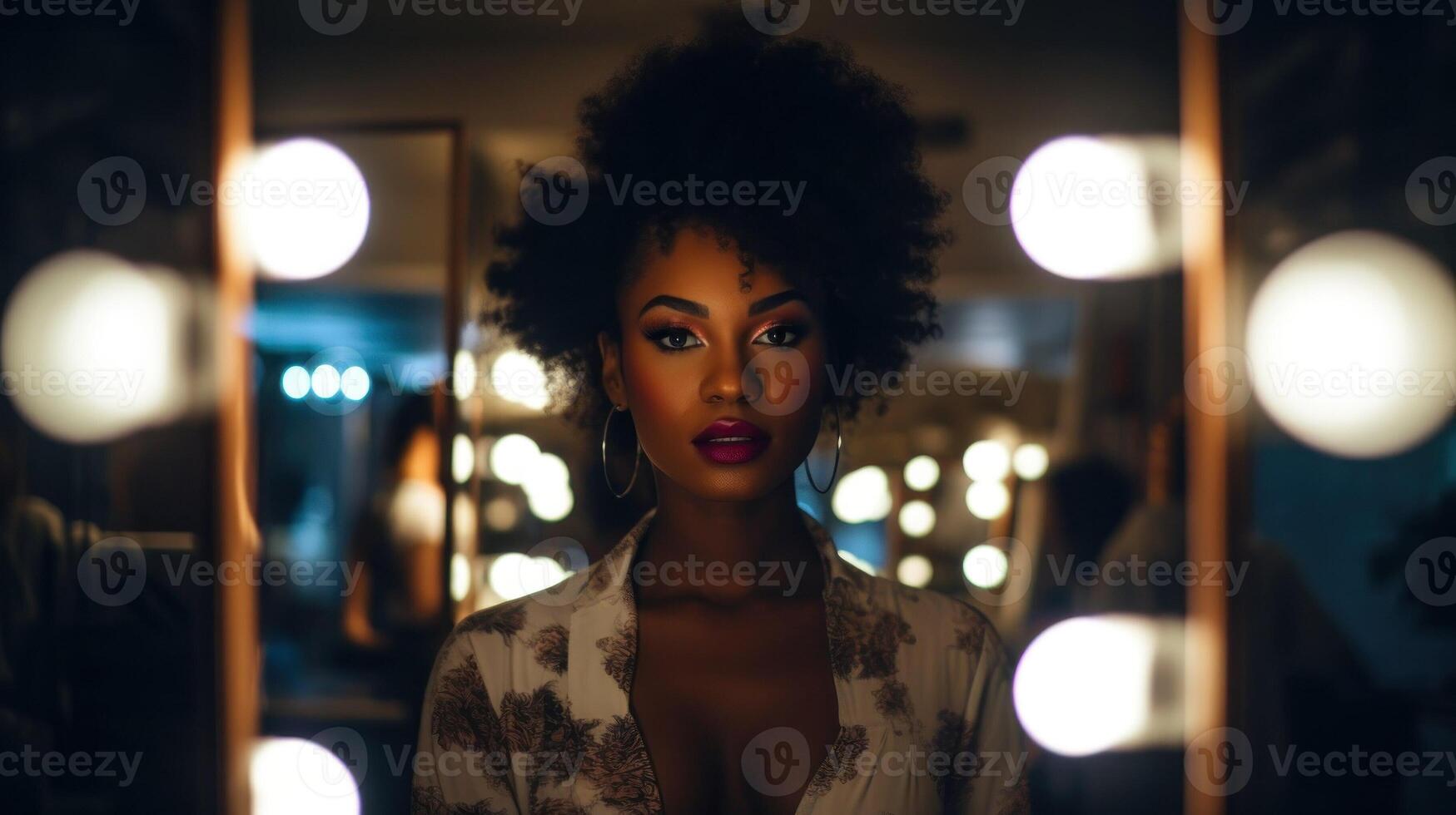 AI generated Beautiful girl in front of make-up mirror. African american Actress and model in dressing room. Woman in evening dress preparing for performance. AI Generated photo