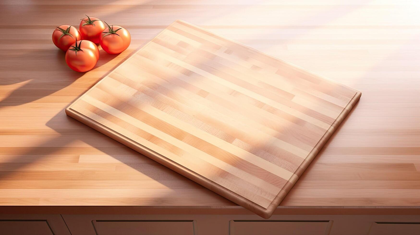 AI generated Cutting board and tomatoes. Rustic wooden tray. Kitchen appliance. Copy space for business template photo