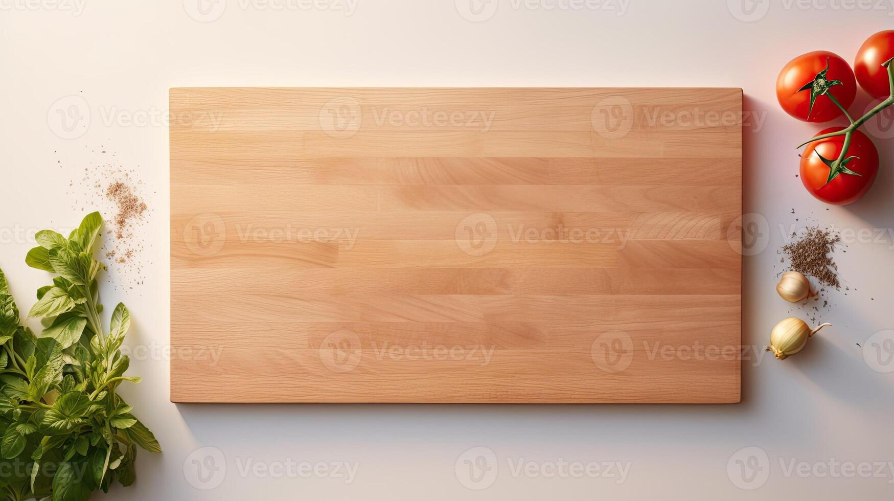 AI generated Cutting board and tomatoes. Rustic wooden tray. Kitchen appliance. Copy space for business template and product presentation. AI Generated photo