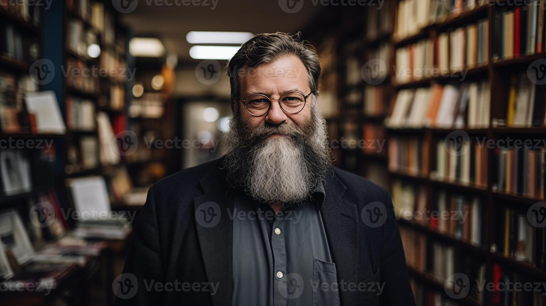 AI generated Owner of bookstore. Portrait of respectable adult man with beard. Classic dark interior. Small business. Books on the shelves. AI Generated photo