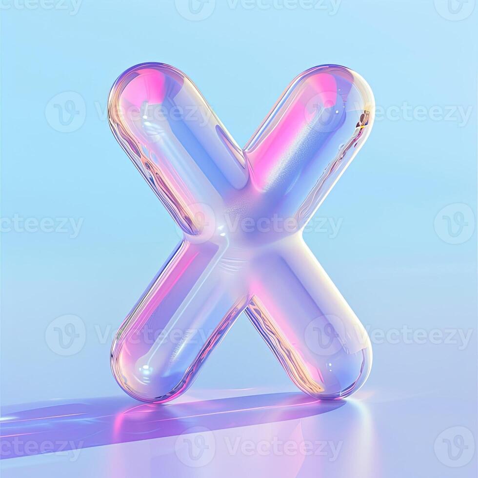 AI generated Letter X, transparent glass effect. Glossy typographic sign with plastic purple reflection. Alphabetic pink neon font. AI generated photo