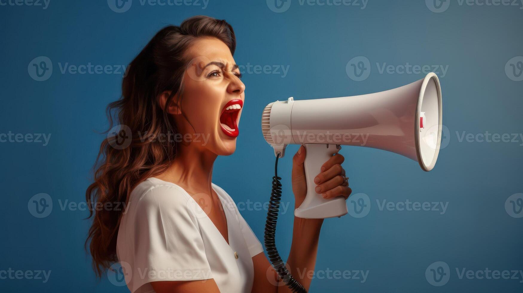 AI generated Woman with megaphone. Young girl screams into loudspeaker. Sale and discount in store. News and business announce. speaker person with audio message or advice. AI generated photo