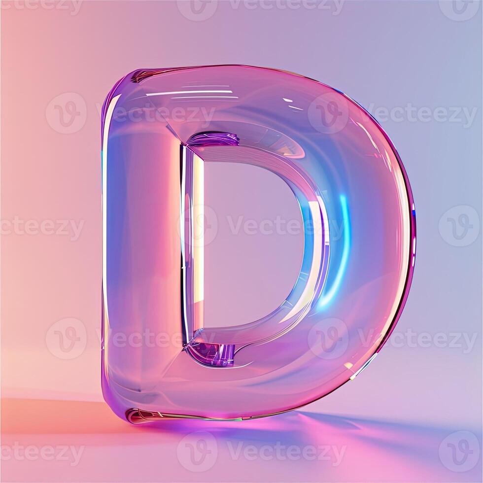 AI generated Letter D, transparent glass effect. Glossy typographic sign with plastic purple reflection. Alphabetic pink neon font. AI generated photo