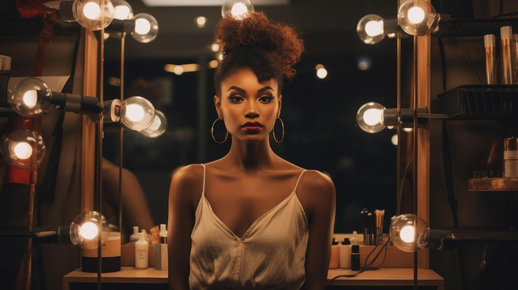 AI generated Beautiful girl in front of make-up mirror. African american Actress and model in dressing room. Woman in evening dress preparing for performance. AI Generated photo