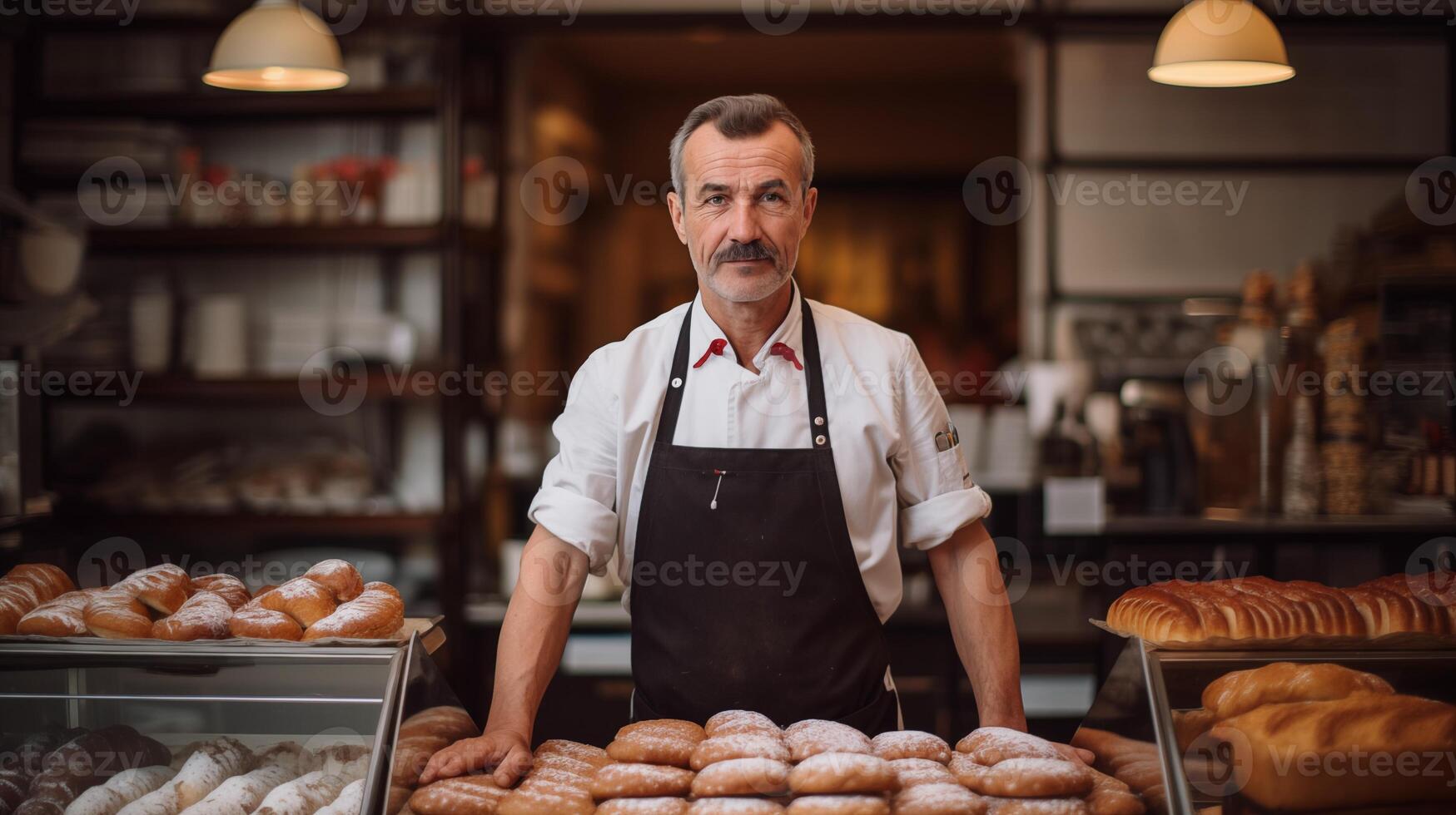 AI generated Owner of small bakery. Adult man stands at counter with pastries and bread. Small business and work. Showcase with pies. AI generated photo