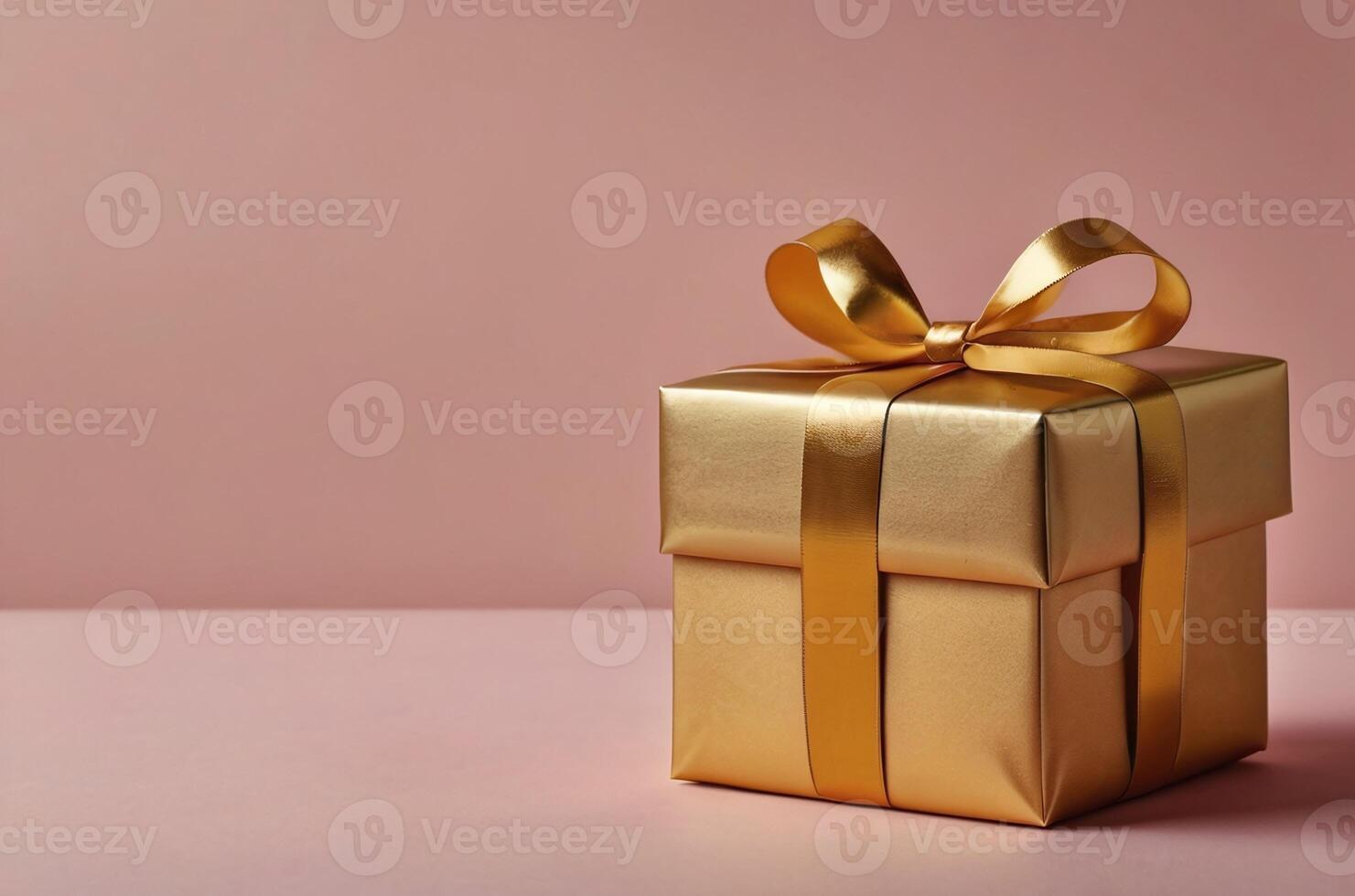AI generated Cut out of gift box with golden ribbon on bright color background with copy space area photo