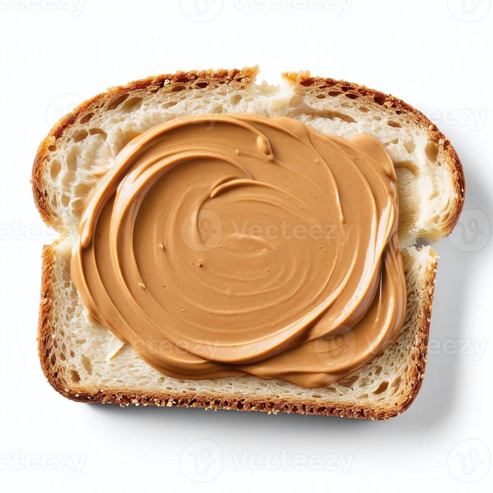 AI generated Cut-out image of bread smeared by peanut butter isolated on a white background photo