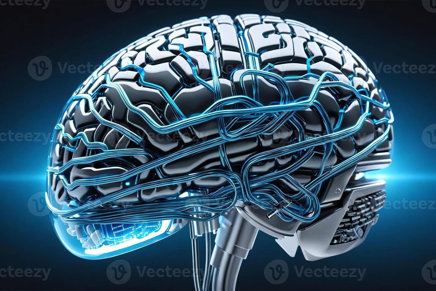 ai generado un biónico cerebro incrustado con un avanzado computadora pastilla, circuitería entrelazando con cerebral texturas foto