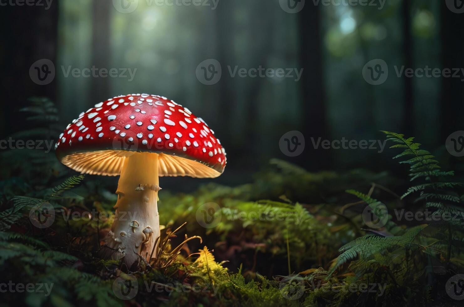 AI generated Glowing amanita mushroom in a mystical forest with copy space area photo