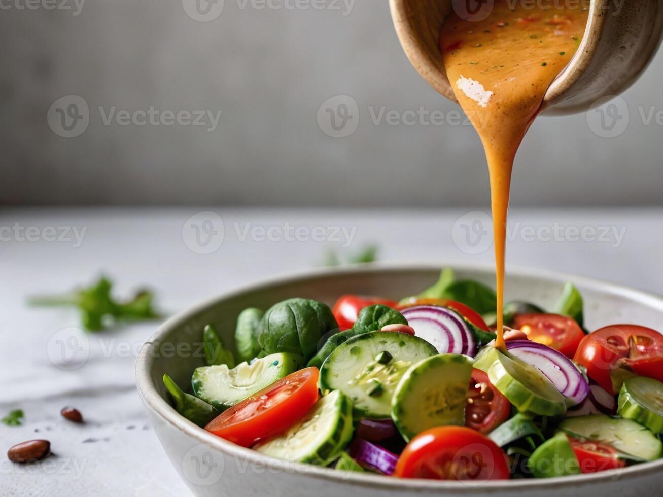 AI generated A vibrant and colorful salad bursting with fresh vegetables, drizzled with a tangy dressing, set against a clean white background. photo