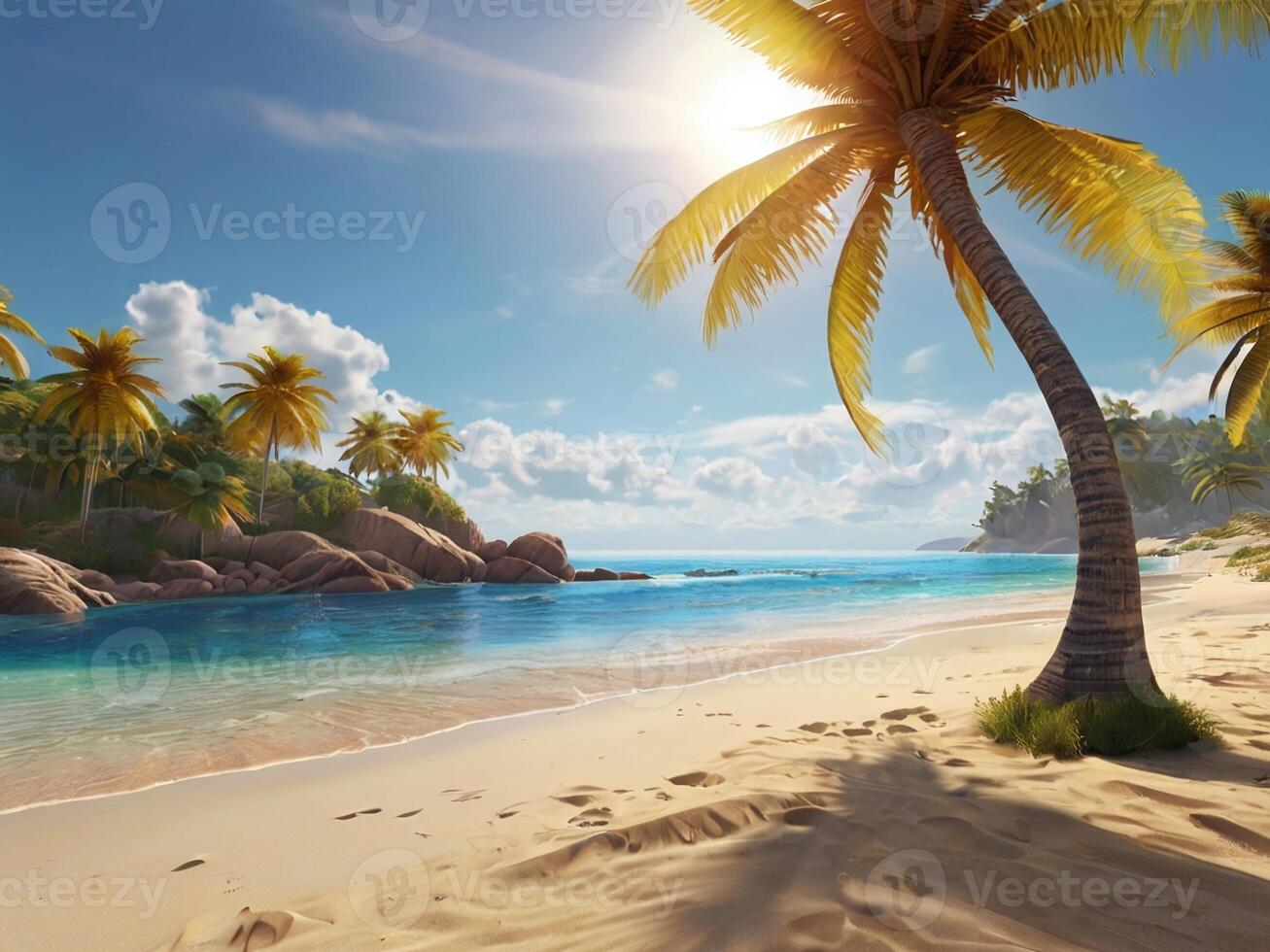 AI generated A vibrant and colorful beach scene, with crystal clear waters and palm trees swaying in the warm breeze. photo