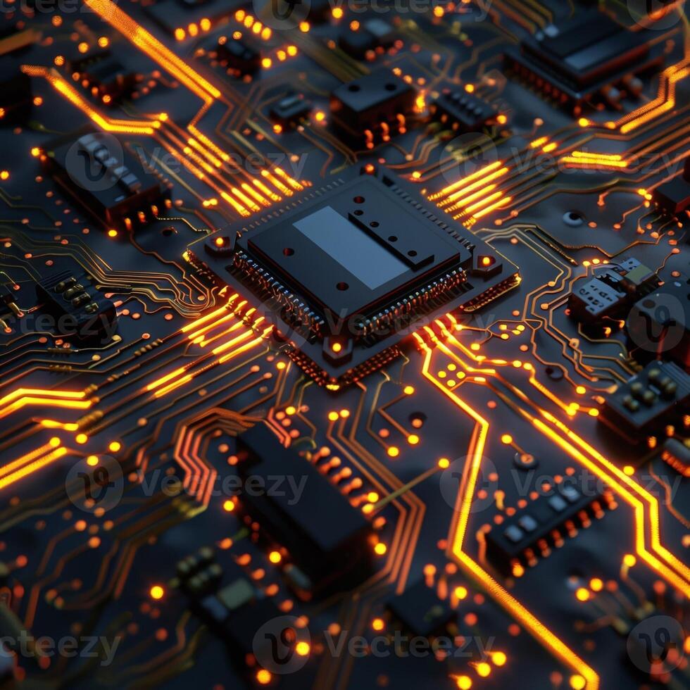 ai generado futurista eléctrico circuito tablero con brillante naranja línea, tecnología antecedentes y ilustración foto