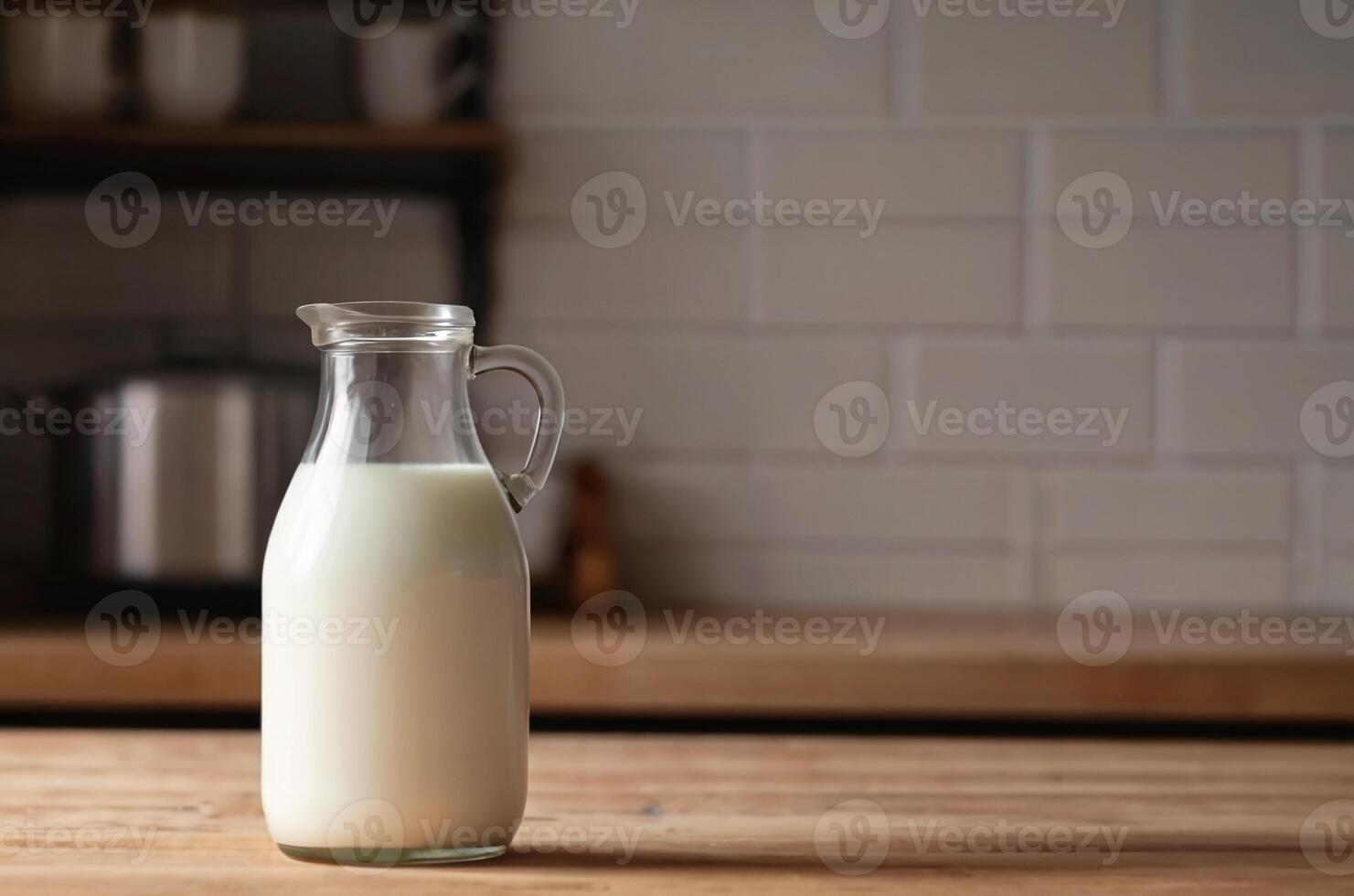 AI generated A bottle of milk on the table in the kitchen with space for text photo