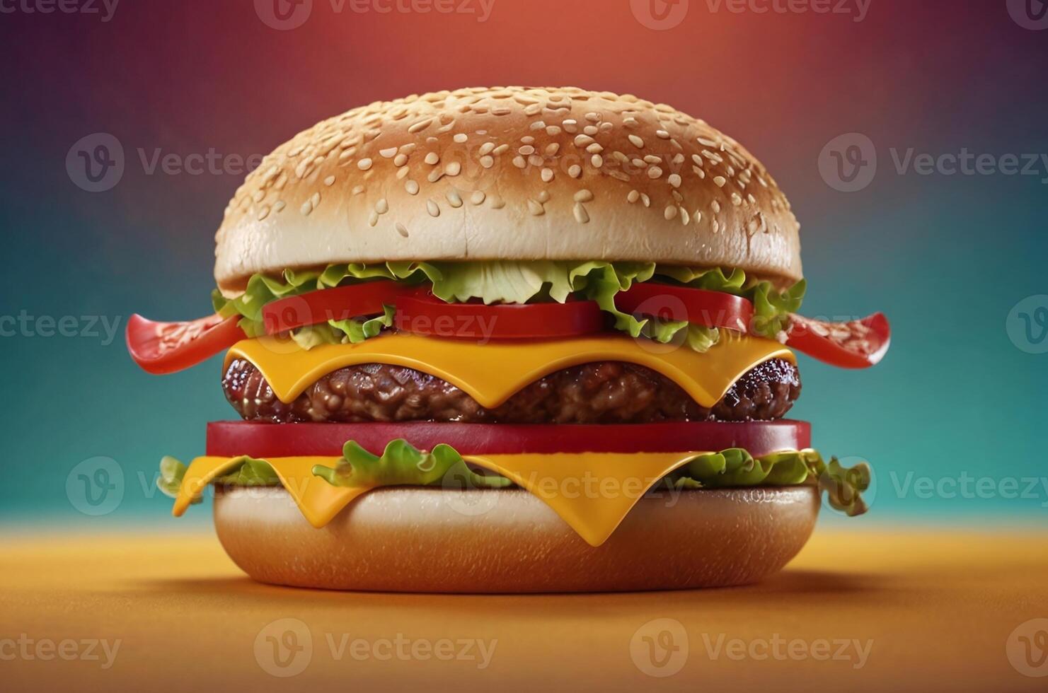 AI generated cheeseburger isolated on a bright color background with a copy space area photo