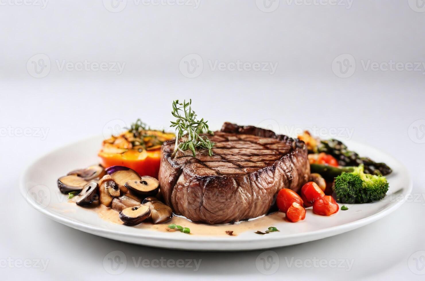 AI generated Beef steak served with mushroom sauce and vegetables side garnish isolated on white background with copy space area photo
