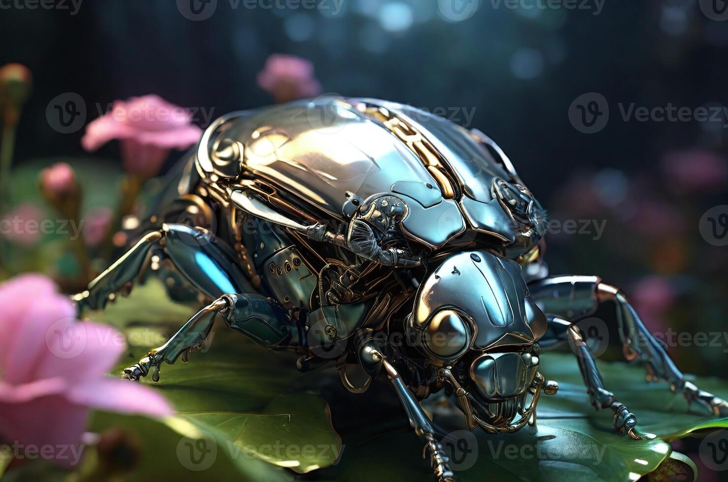 AI generated Close-up view of a bionic beetle, showcasing its intricate robotic components and metallic sheen, perched on a dew-kissed petal photo