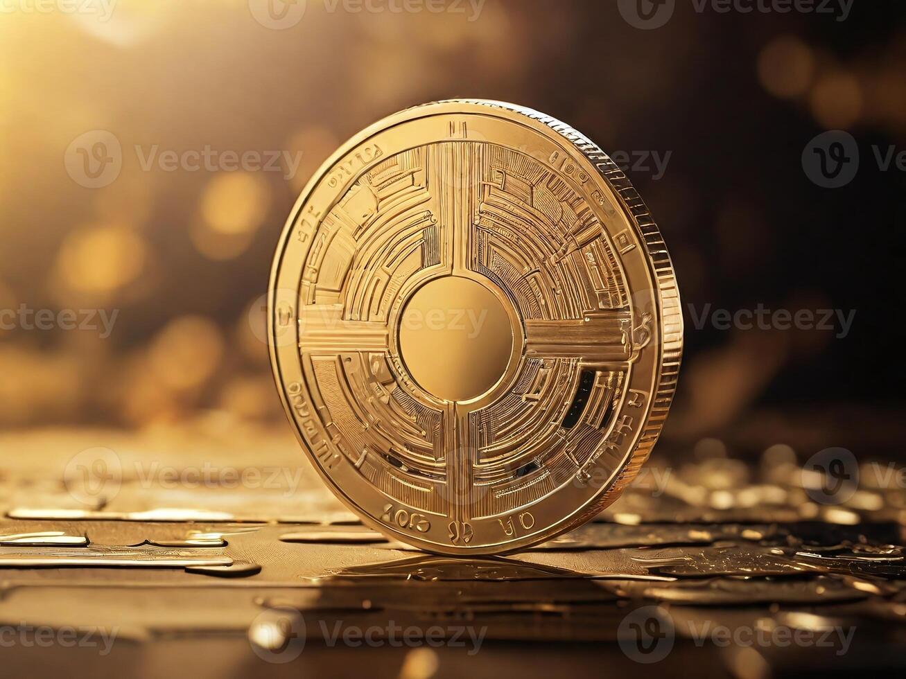 AI generated close up of gold coin with futuristic style photo