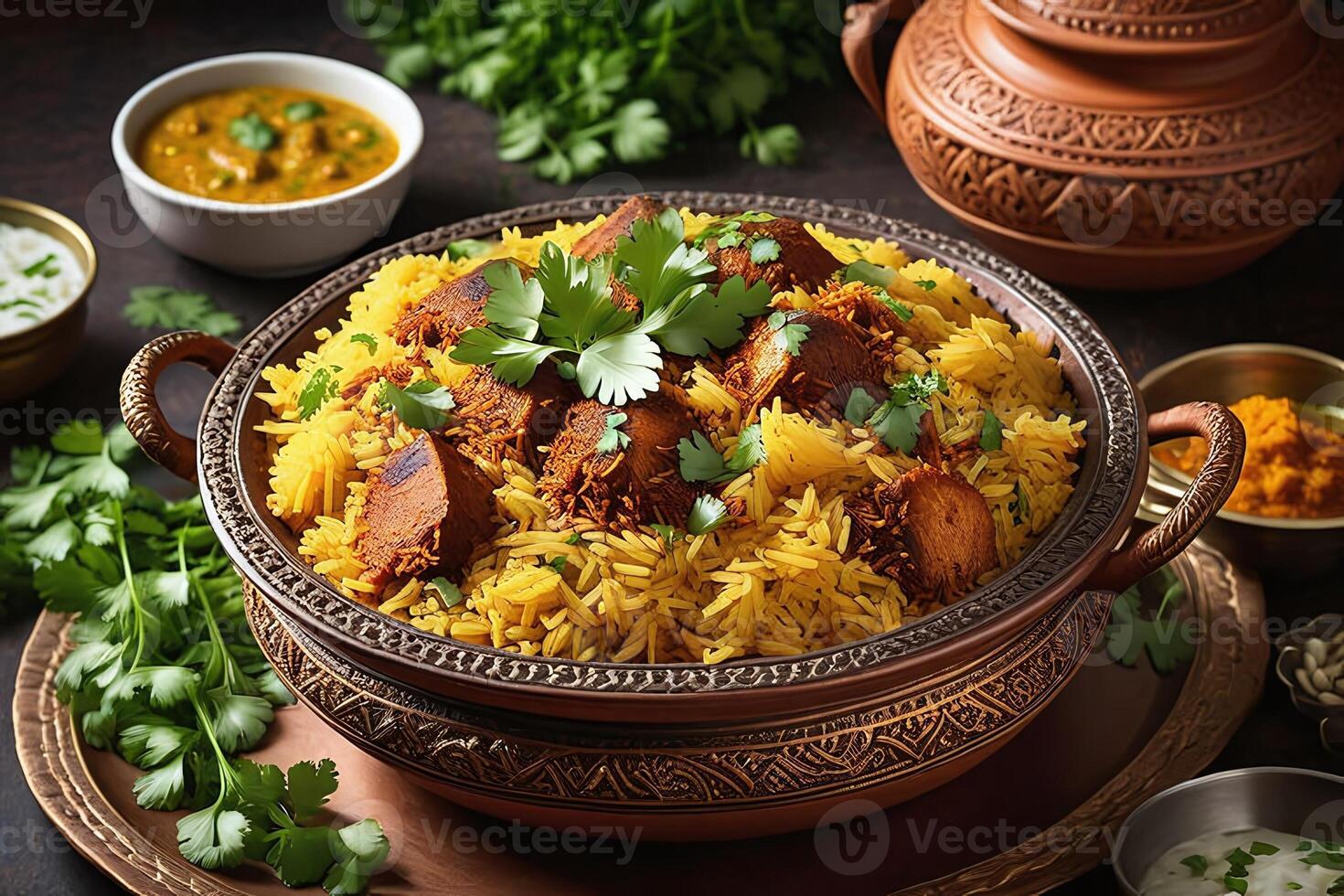 AI generated Biryani rice with lamb meat served on a plate for dinner, top view photo