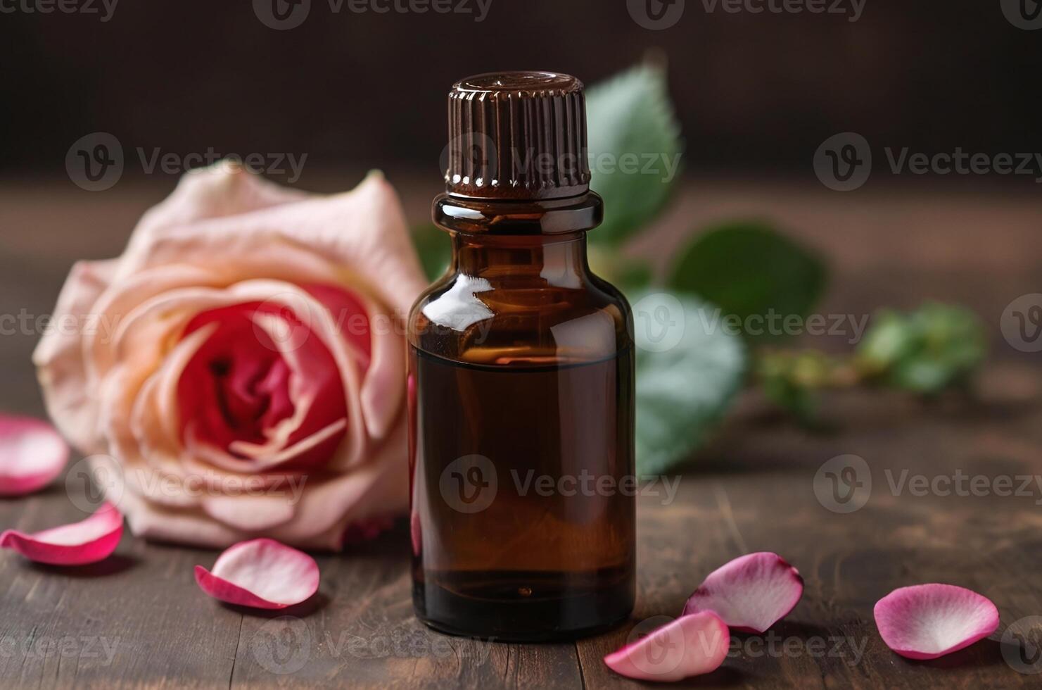 AI generated Rose essential oil in bottle with petals and copy space area photo
